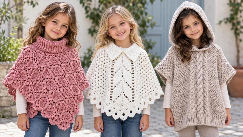 Tres niñas modelan ponchos tejidos: uno rosa a crochet con cuello alto, una capa blanca con hojas caladas y un poncho beige a dos agujas con capucha y trenzas en relieve.