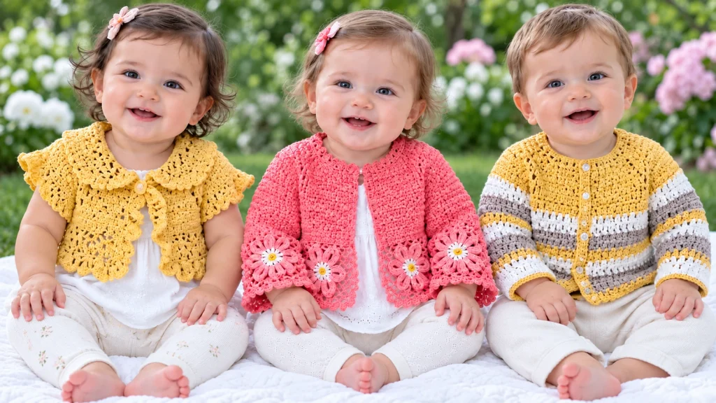 Tres bebés modelan chambritas a crochet en un jardín: bolero amarillo calado, chaqueta rosa con flores y saquito de rayas amarillas, blancas y grises.