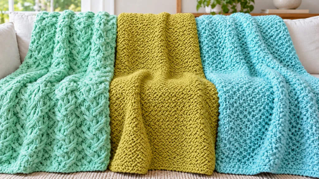 Tres mantas tejidas con puntos tupidos a dos agujas en verde menta, amarillo verdoso y turquesa sobre un sofá blanco, con distintas texturas en relieve.