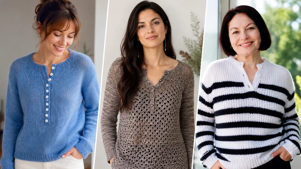 Tres mujeres luciendo suéteres tejidos henley en azul, calado beige y rayas blancas y negras.