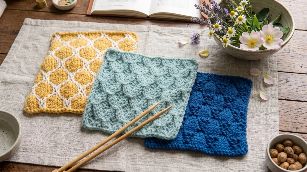 Diferentes puntos de tejido a dos agujas en muestras de lana azul, amarilla y verde. Composición plana sobre una mesa de trabajo con herramientas de tejer, agujas de bambú y decoración floral.