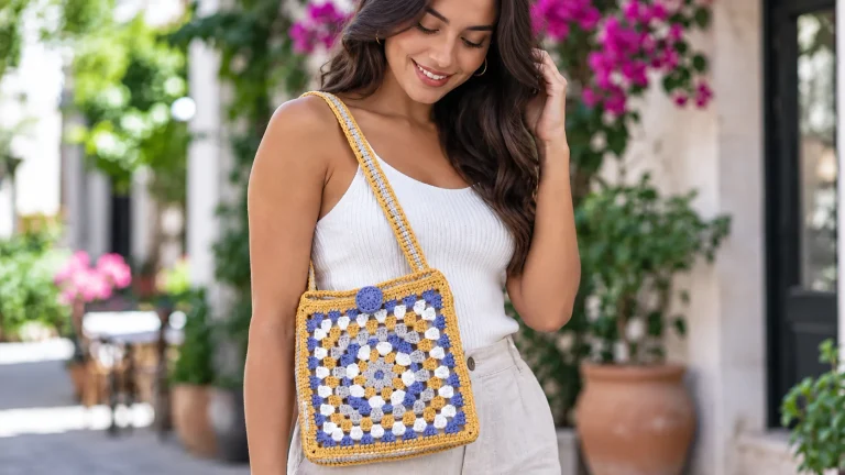 Esta Bolsa Square a crochet convierte dos grannys en un accesorio colorido, práctico y lleno de encanto