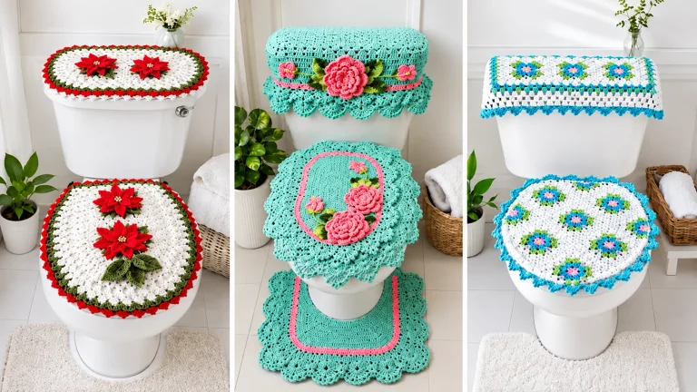 10 juegos y piezas de baño a crochet con medidas para adaptar tapetes, tapas y cobertores