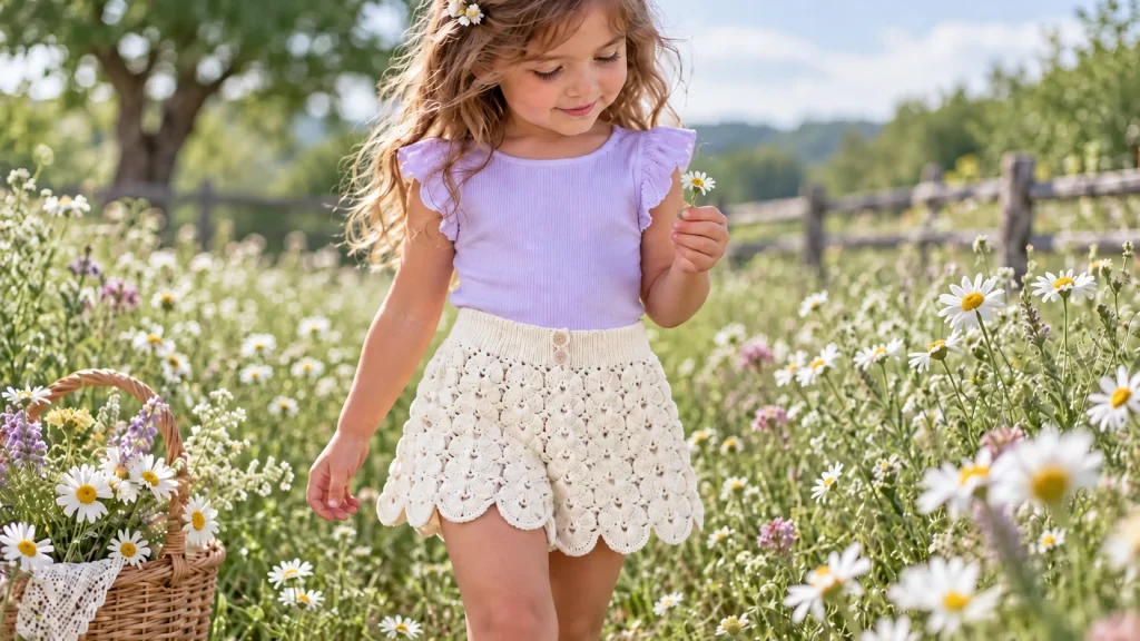 Short para niña tejido a crochet con punto espiga, textura en relieve y terminación ondulada