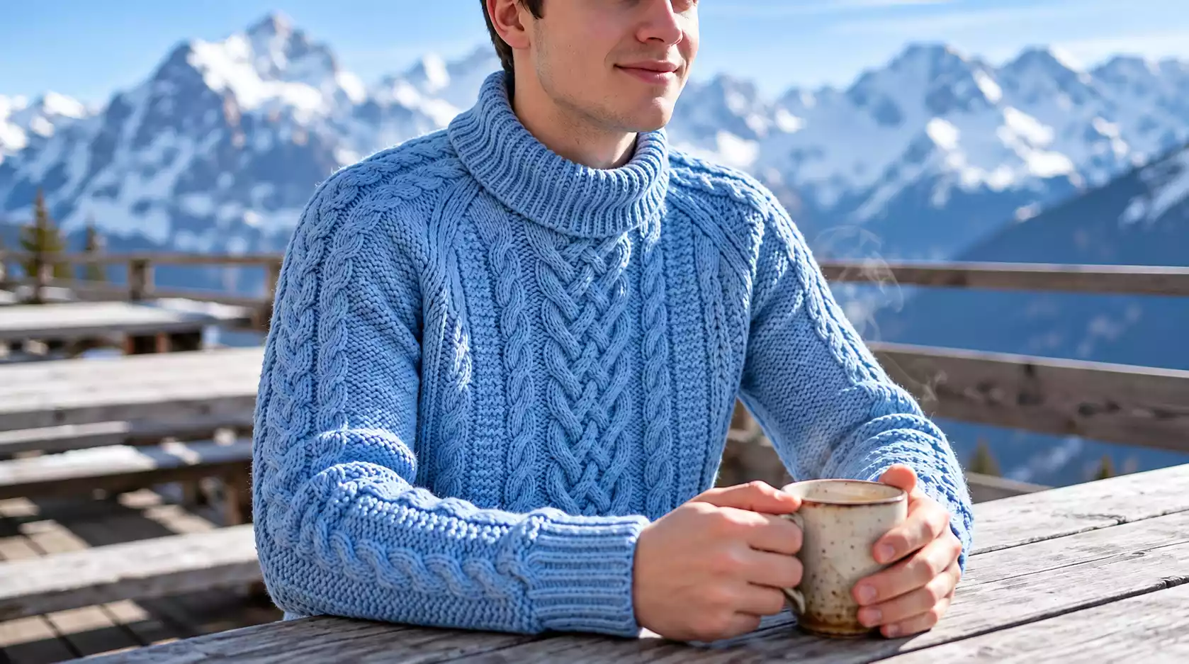 Hombre luciendo un suéter azul tejido a dos agujas con trenzas en relieve, mangas largas y cuello esmoquin amplio, mientras sostiene una taza caliente en una terraza frente a montañas nevadas.