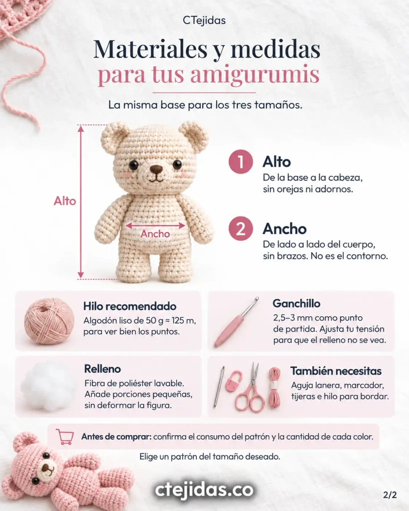 Cómo medir el alto y ancho de un amigurumi y materiales básicos como hilo, ganchillo, relleno, aguja, marcador y tijeras.