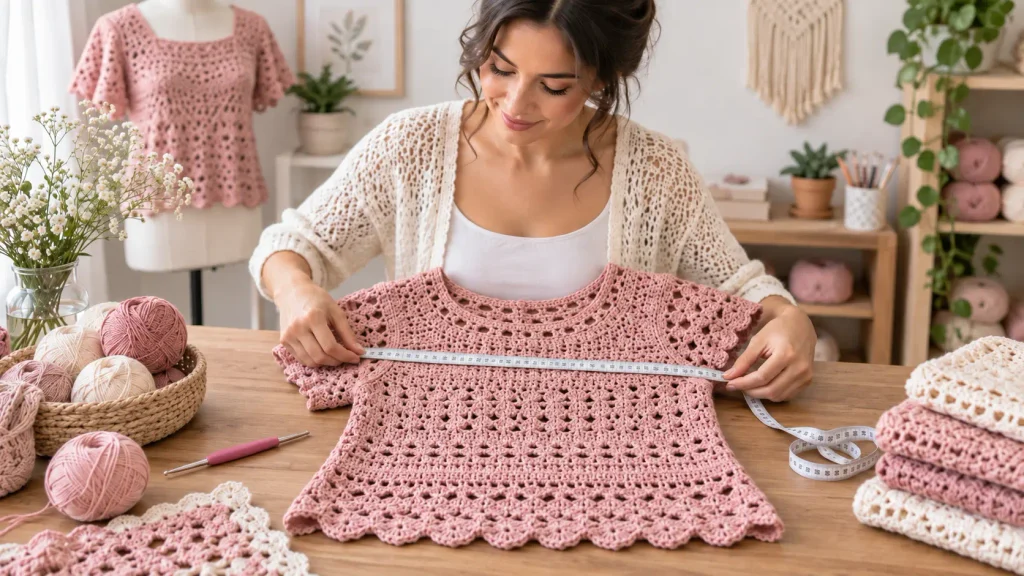 Mujer midiendo el ancho de una blusa rosa tejida a crochet con una cinta métrica sobre la mesa de su taller de tejido.