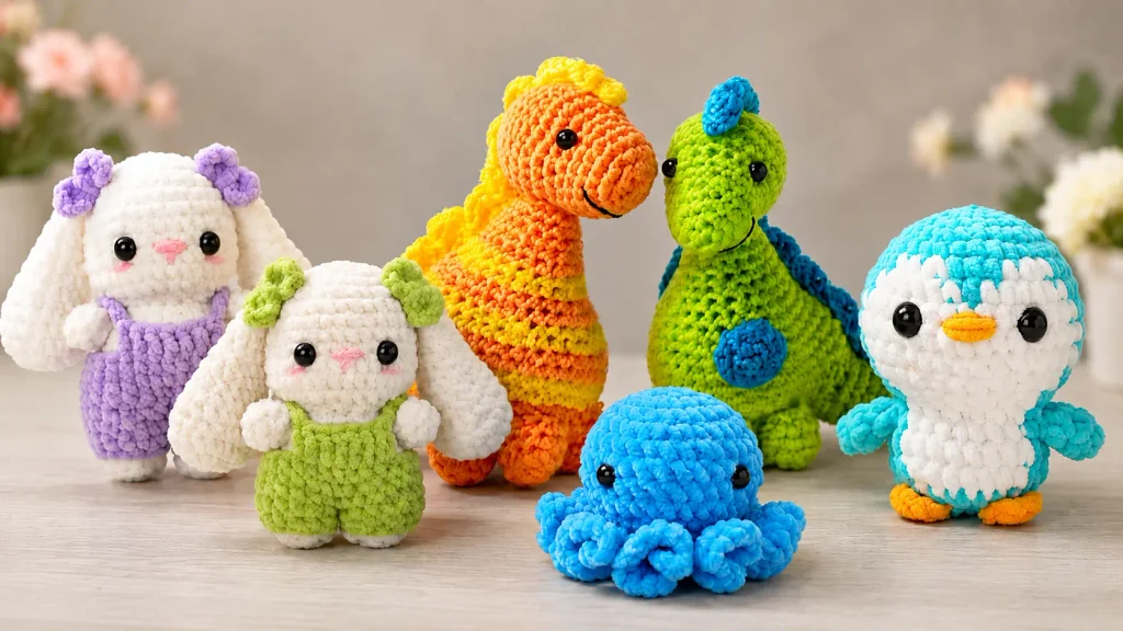 Amigurumis a crochet de conejitos, dinosaurios, pulpo y pingüino sobre fondo rosa.