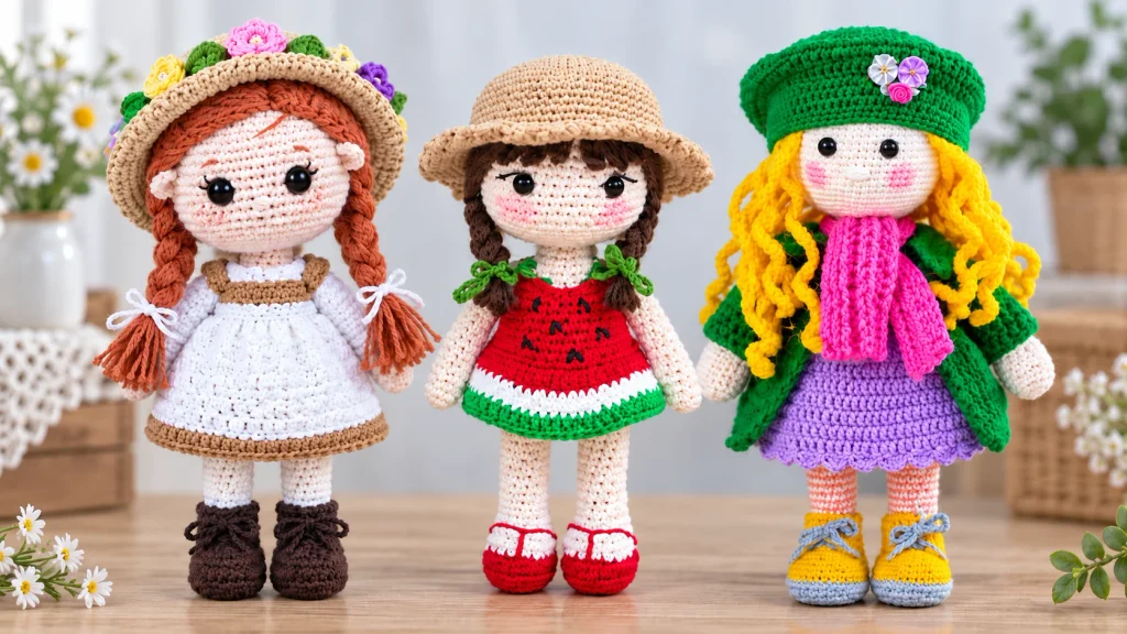Tres muñecas amigurumi tejidas a crochet con vestidos, sombreros y detalles florales en colores vivos.