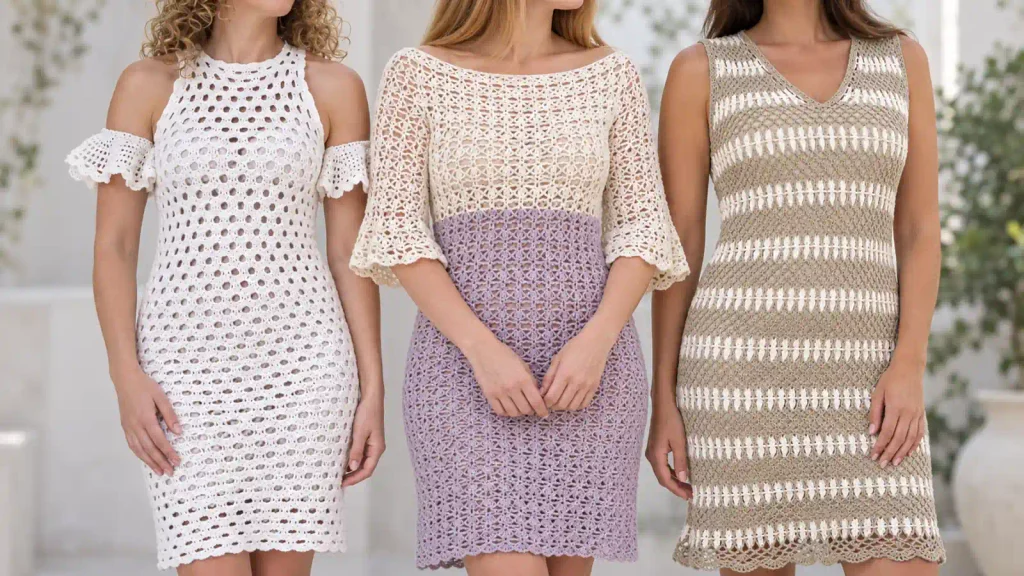 Tres vestidos a crochet: blanco con hombros descubiertos, blanco y lila con mangas acampanadas y beige con rayas blancas.