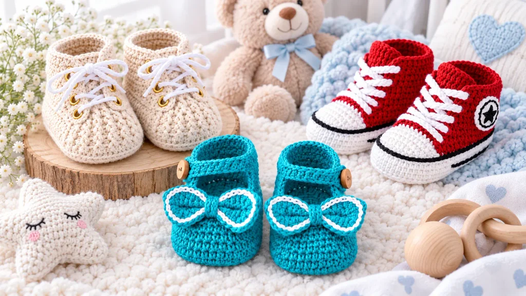 Botitas para bebé tejidas a crochet en tres diseños: zapatitos beige con cordones, tenis rojos y blancos y zapatos turquesa con lazos, sobre un fondo infantil tierno.