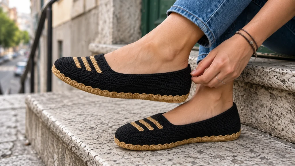 Zapatos clásicos a crochet en color negro con detalle en contraste y diseño elegante