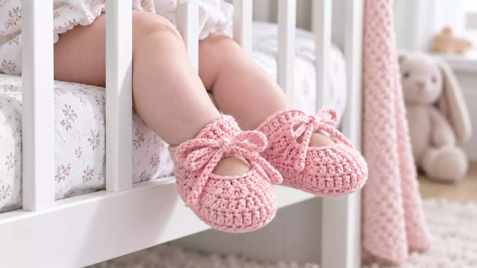 Bebé luciendo zapatitos rosa tejidos a crochet con delicados lazos ajustables, mientras descansa en una cuna blanca dentro de una habitación infantil decorada en tonos suaves.
