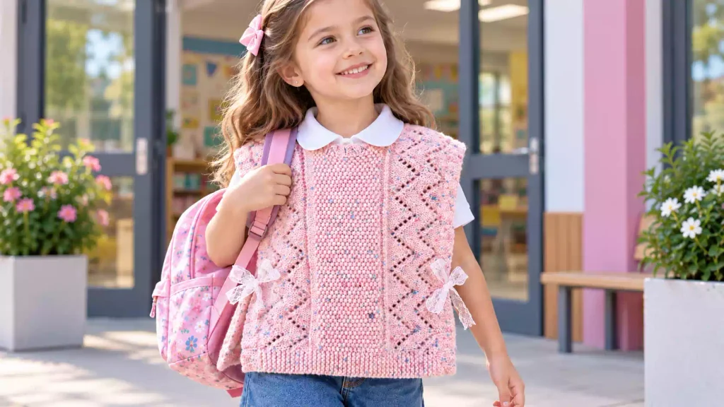 Poncho para niña tejido a dos agujas con puntos musgo, arroz y jersey