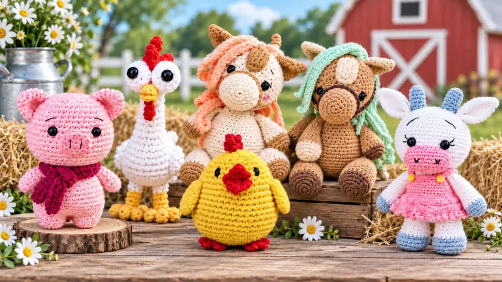 Amigurumis de animales de granja tejidos a crochet: cerdito rosa, gallina blanca, pollito amarillo, dos animalitos con melenas pastel y vaquita con vestido rosa, frente a un granero.