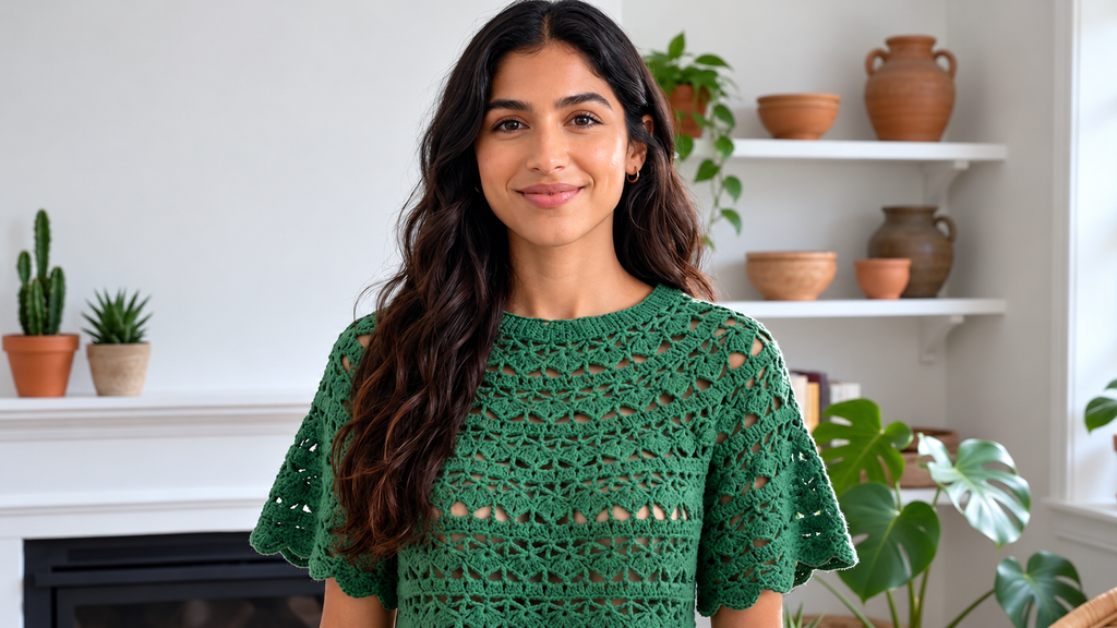 Blusa Jade Omega a crochet con canesú circular y delicados motivos calados