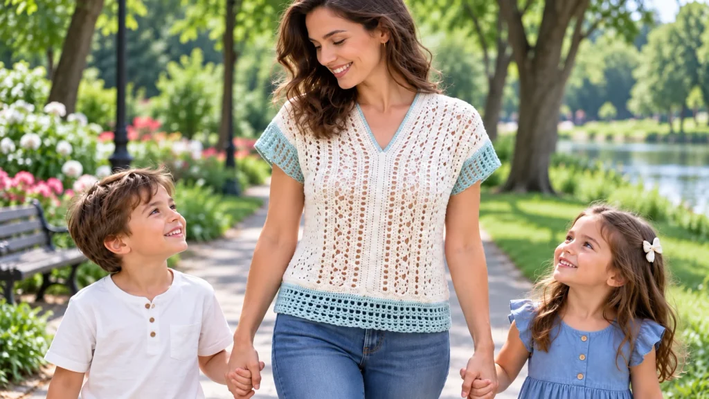 Blusa a crochet con escote en V, mangas cortas y motivos calados verticales