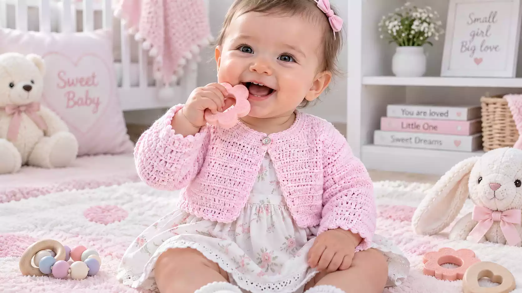 Bebé luciendo un bolero rosa tejido a crochet con mangas largas, botón frontal y delicados bordes calados, combinado con un vestido floral en una habitación infantil.
