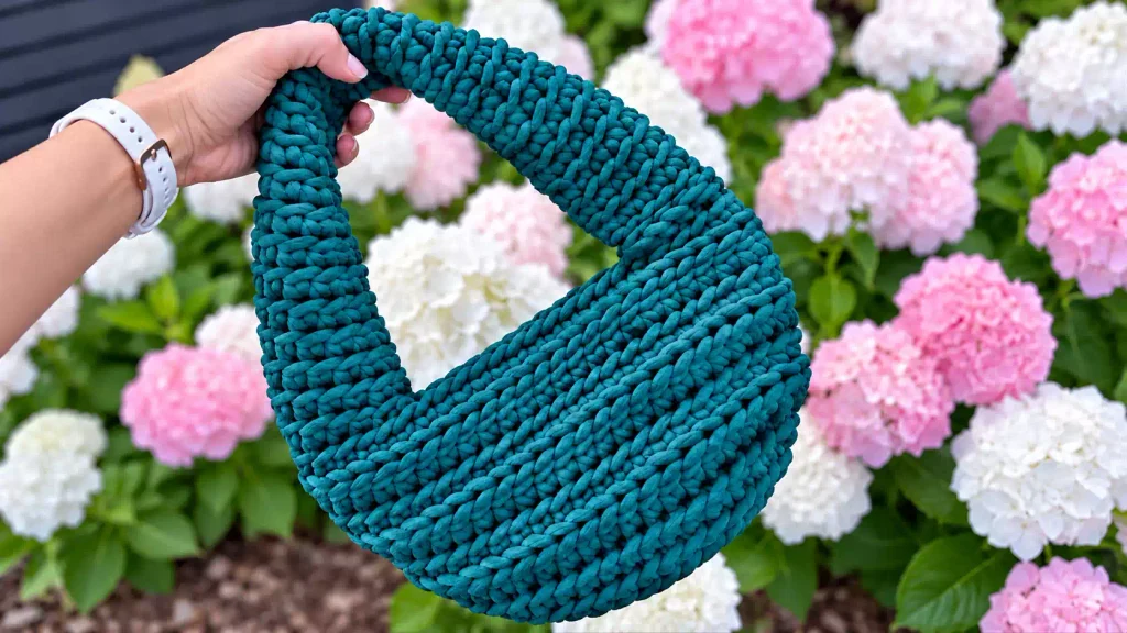 Bolso media luna a crochet tejido con cordón grueso, textura diagonal en relieve y asa integrada