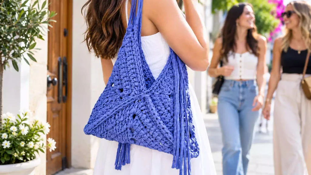 Bolso bohemio a crochet tejido con trapillo azul, textura en relieve y flecos largos