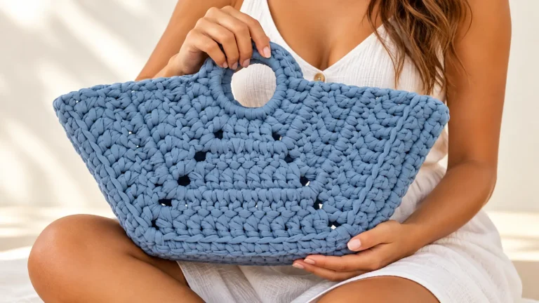 Bolso playero tipo cesta en trapillo a crochet