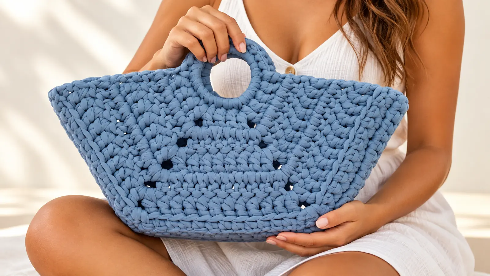 Bolso playero tipo cesta tejido a crochet con trapillo azul, asas circulares y punto calado, sostenido por una mujer trigueña.