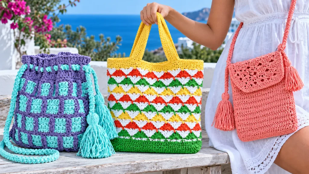 Tres bolsos de verano a crochet en primer plano junto al mar: bombonera lila y menta, tote multicolor con asas amarillas y bandolera coral que luce una mujer con vestido blanco.