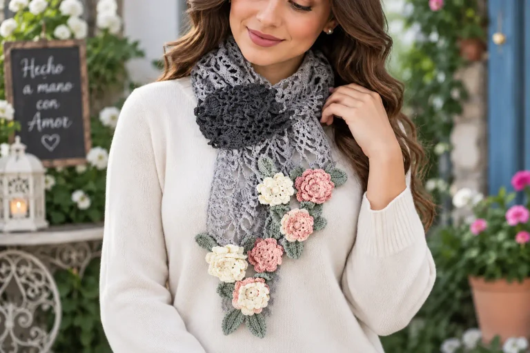 Esta chalina de rosas a crochet combina un delicado calado con flores en relieve llenas de encanto