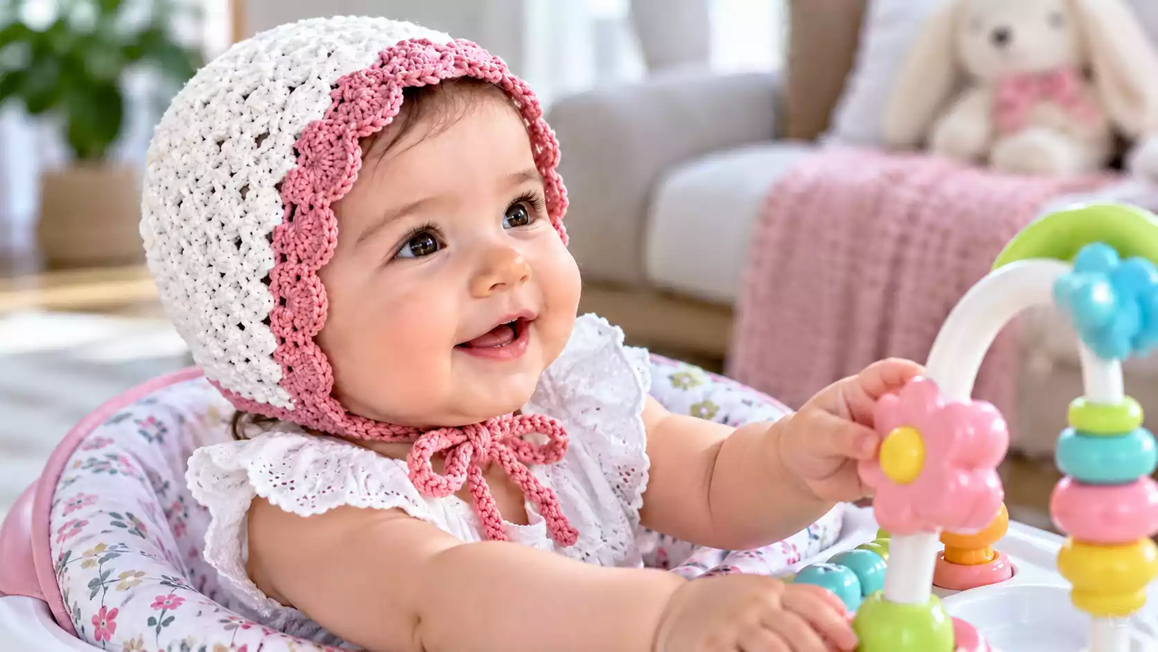 Bebé sonriente luciendo una capota tejida a crochet en blanco con borde rosa de ondas, puntos calados y cintas anudadas bajo la barbilla, mientras juega con juguetes de colores.