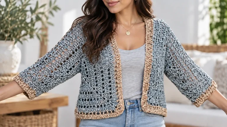 La chaqueta Osaka a crochet combina mangas amplias y un delicado calado en una prenda ligera y elegante