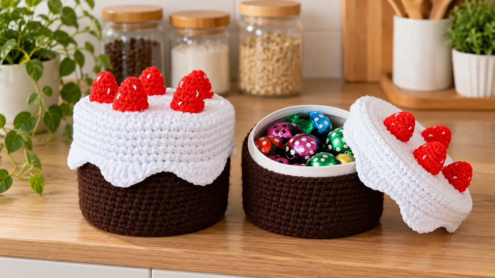 Cestos tejidos a crochet con forma de tarta de chocolate, cobertura blanca y fresas rojas, uno cerrado y otro abierto con dulces en su interior.