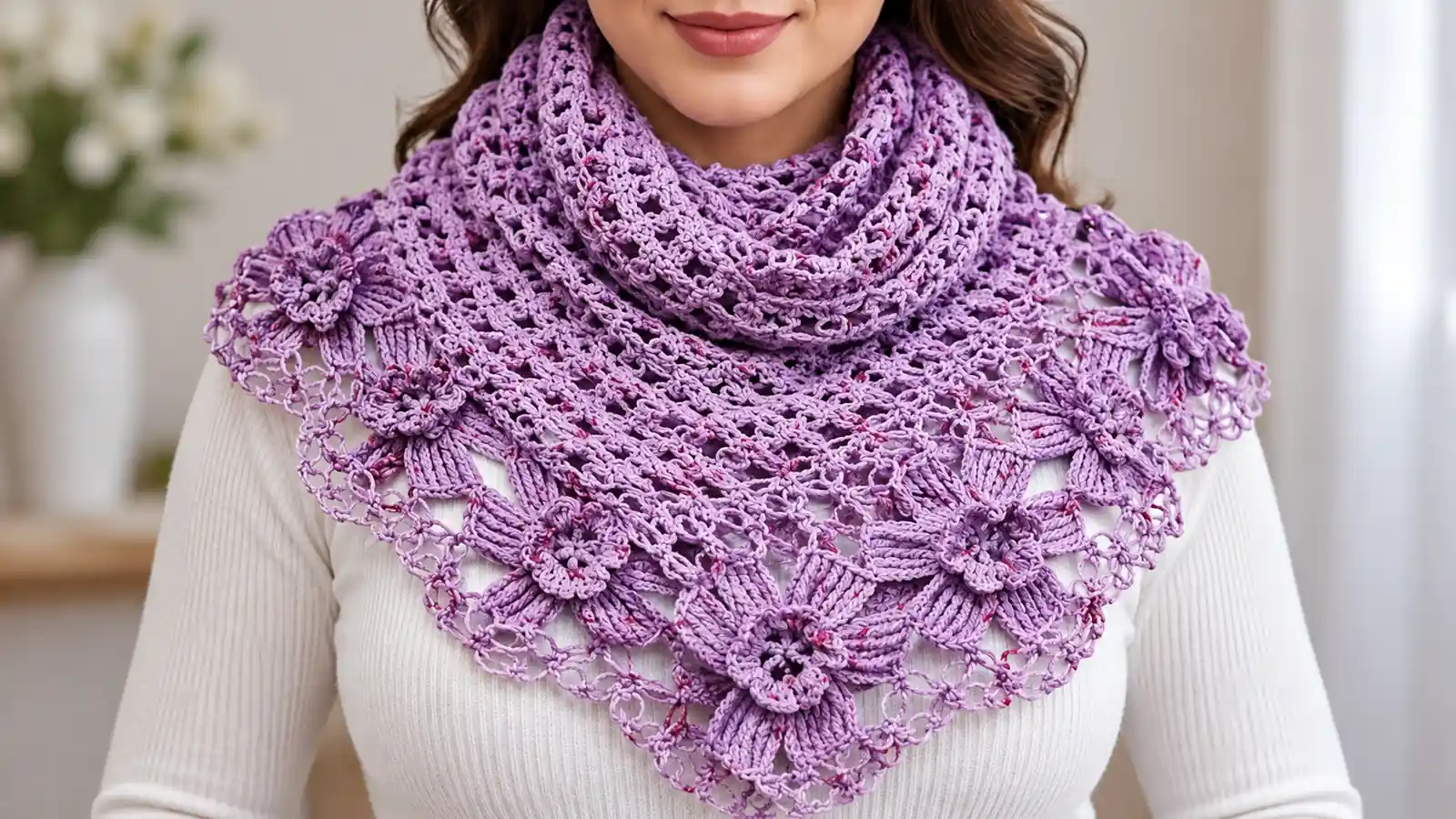 Chal bufanda lila tejido a crochet con flores sobre una mujer.