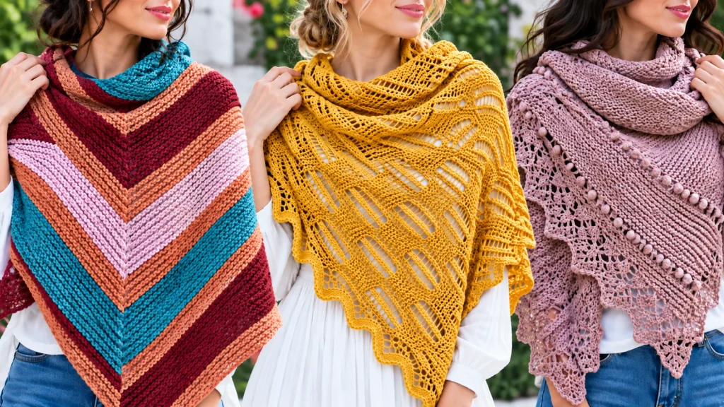 Tres mujeres luciendo chales tejidos a mano en diferentes diseños y colores: uno multicolor a rayas, uno amarillo con puntos calados y otro rosa con detalles en relieve.
