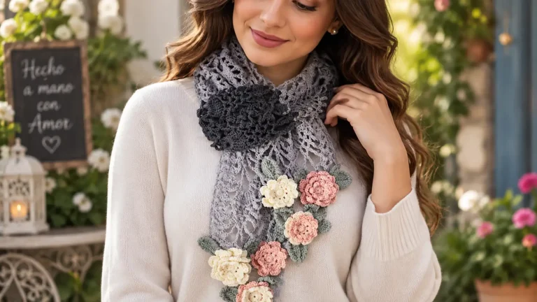 Esta chalina de rosas a crochet combina un delicado calado con flores en relieve llenas de encanto