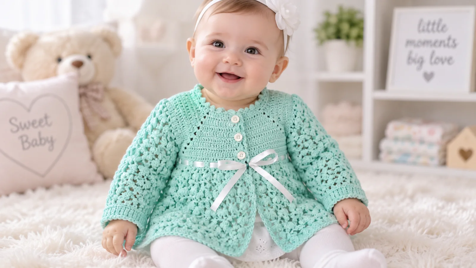 Bebé sonriente con chambrita verde menta tejida a crochet.