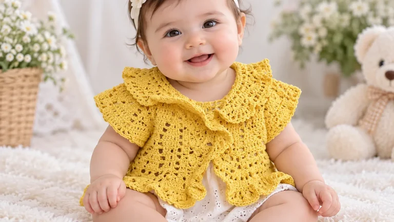 Esta chaquetica de bebé a crochet combina calados y bordes ondulados en una prenda delicada y especial