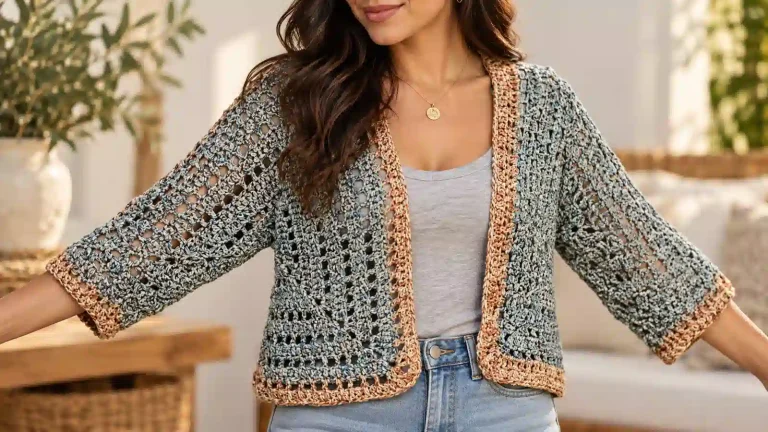 La Chaqueta Osaka a crochet combina mangas amplias y un delicado calado en una prenda ligera y elegante