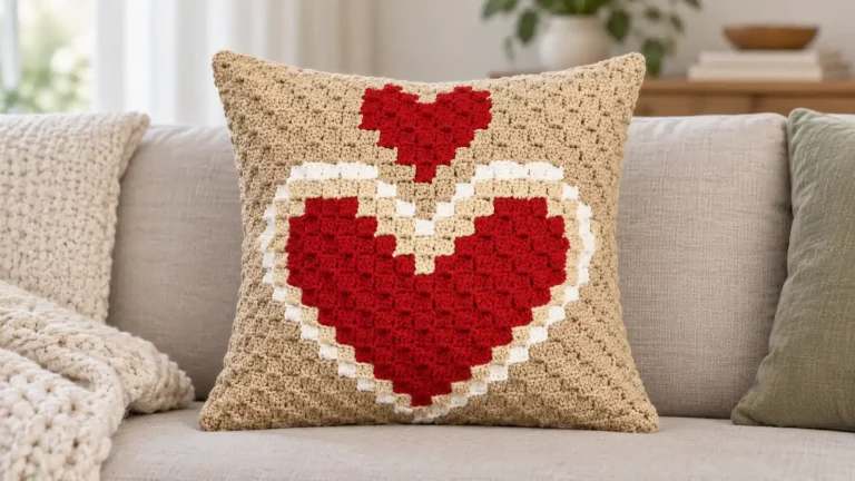 Este cojín de corazón en C2C combina color y textura en un detalle tejido ideal para decorar o regalar
