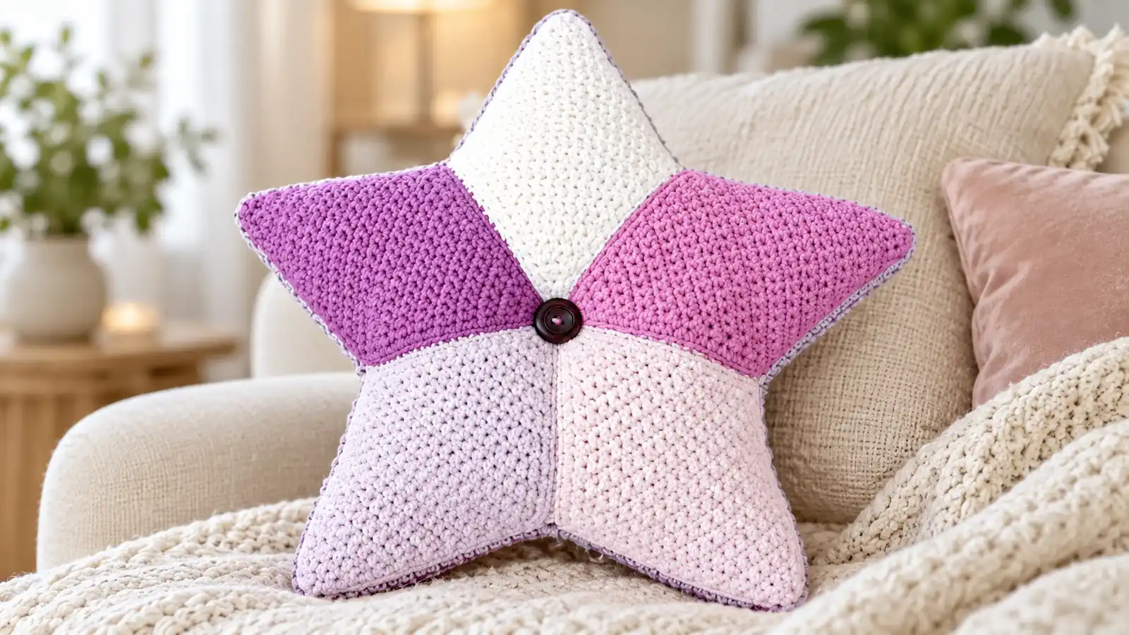 Cojín estrella tejido a crochet en tonos rosa, lila y blanco, con botón central, sobre un sofá en un ambiente acogedor.