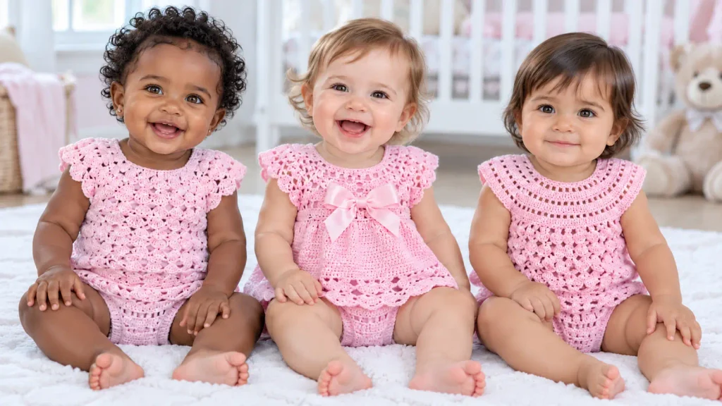 Tres bebitas con enteritos rosados a crochet de distintos diseños, sentadas en una habitación infantil.