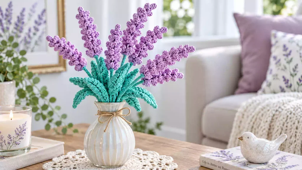 Flores de lavanda tejidas a crochet con tallos y hojas verdes para decorar el hogar