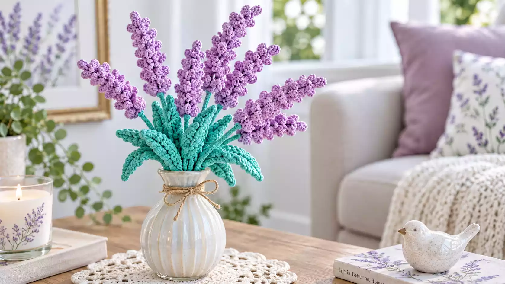 Bouquet de flores de lavanda tejidas a crochet en tonos lilas, con tallos y hojas verde turquesa, colocado en un florero blanco sobre una mesa de madera en una sala delicadamente decorada.