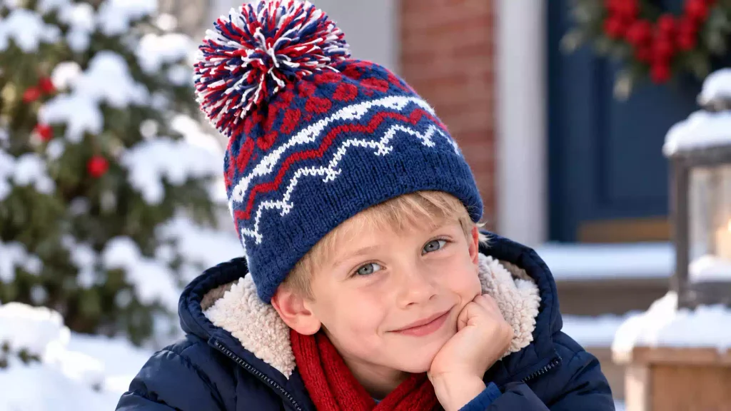 Gorro McCallister tejido a dos agujas con motivos geométricos en azul marino, rojo y blanco