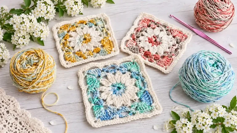Estos grannys florales a crochet combinan colores matizados y calados en un diseño lleno de encanto