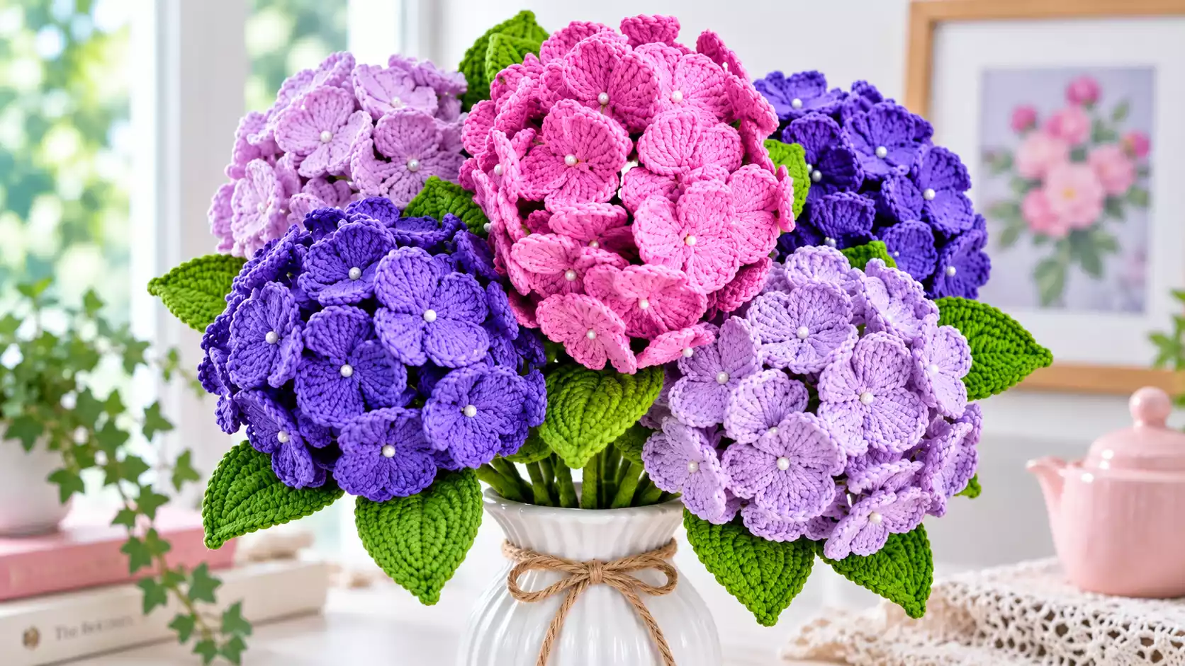 Bouquet de hortensias tejidas a crochet en tonos rosa, lila y morado, formadas por pequeñas flores con centros de perlas blancas y hojas verdes, en un florero blanco decorativo.