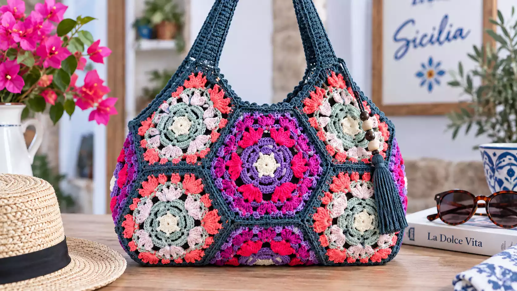Bolso tejido a crochet con grannys Jazmines hexagonales en tonos rosa, coral, lila, verde y azul oscuro, unidos para formar un vistoso diseño floral con asas y borla decorativa.