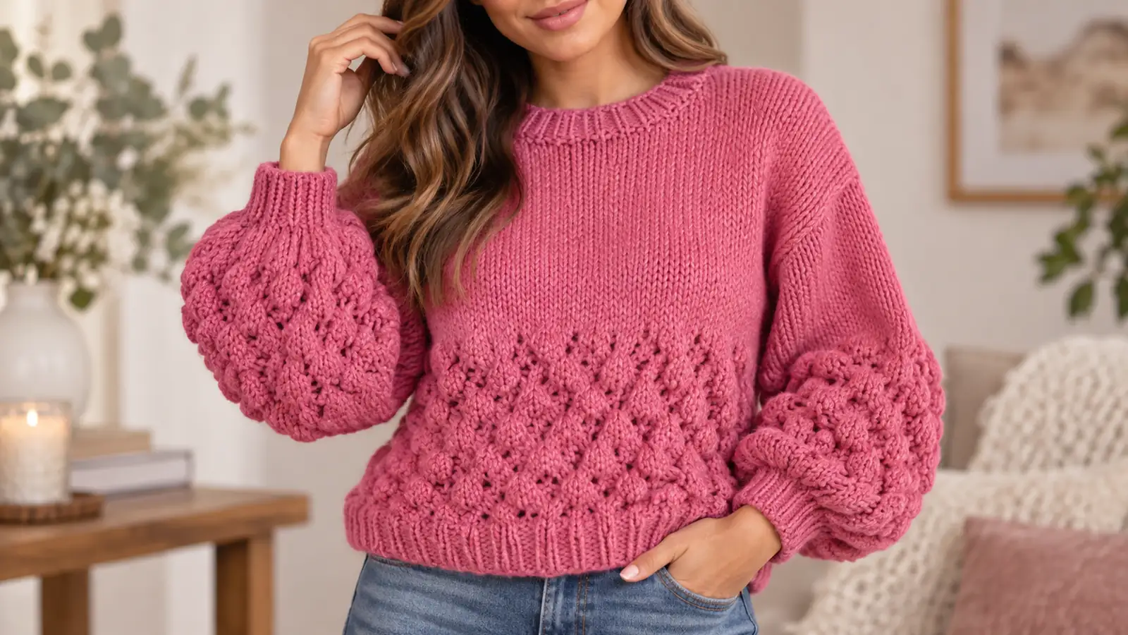 Jersey rosa tejido a dos agujas con textura en relieve y mangas abullonadas.