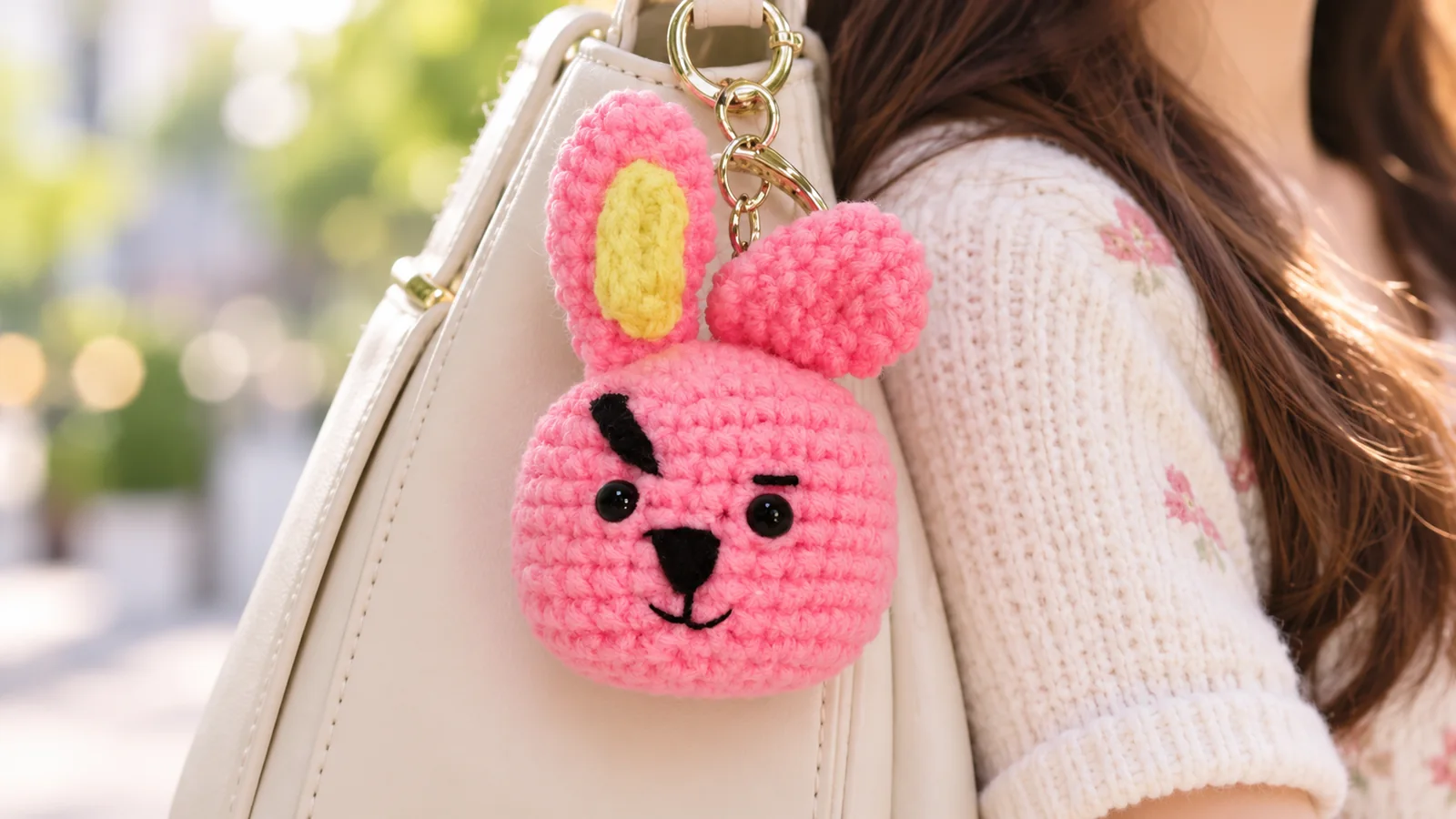 Llavero de conejito rosa tejido a crochet, con orejas largas, detalles amarillos y expresión tierna, colgado de un bolso beige.