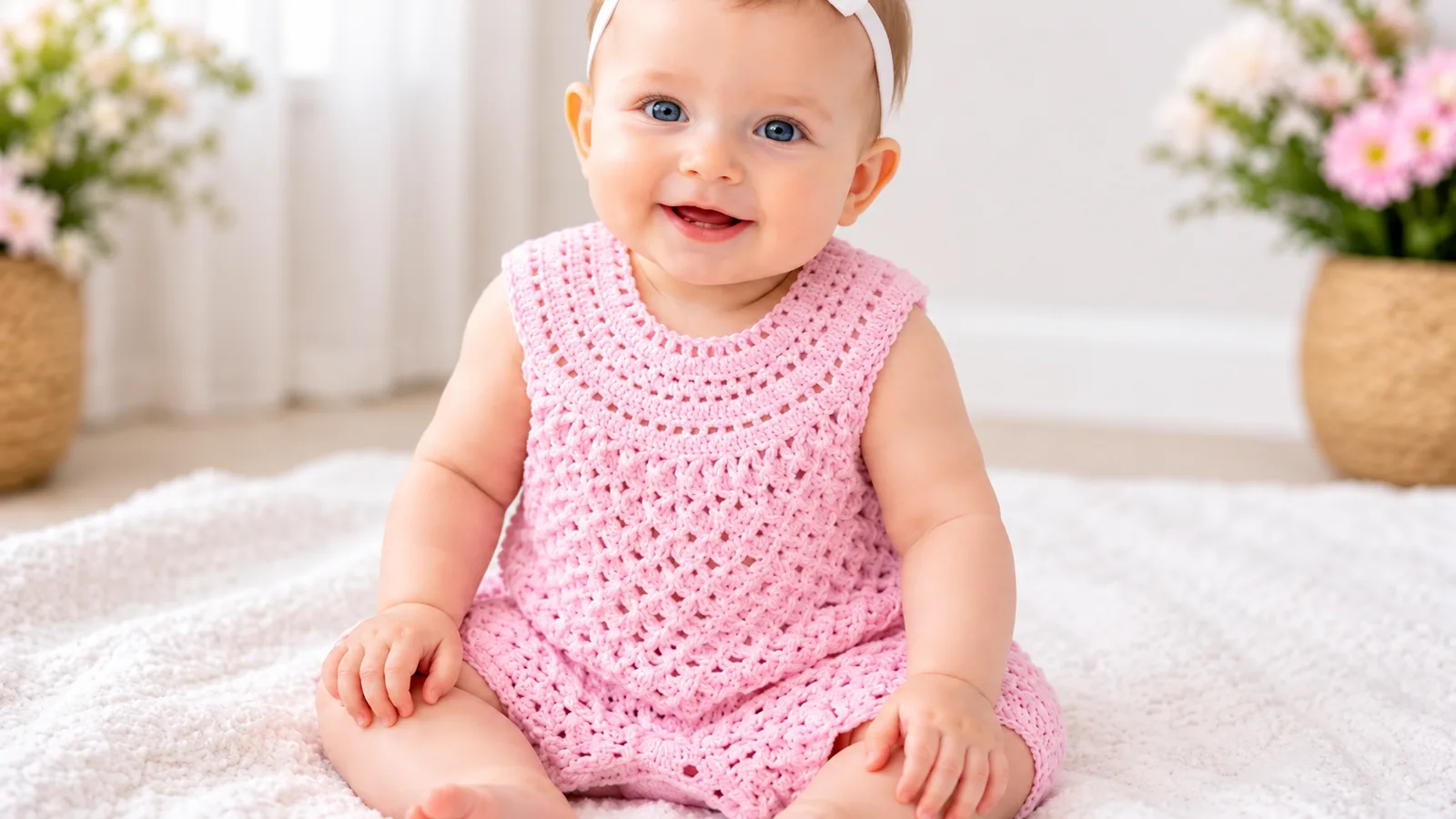 Bebé sonriente luciendo un mameluco rosa tejido a crochet, sin mangas, con cuello redondo y delicado patrón de puntos calados.