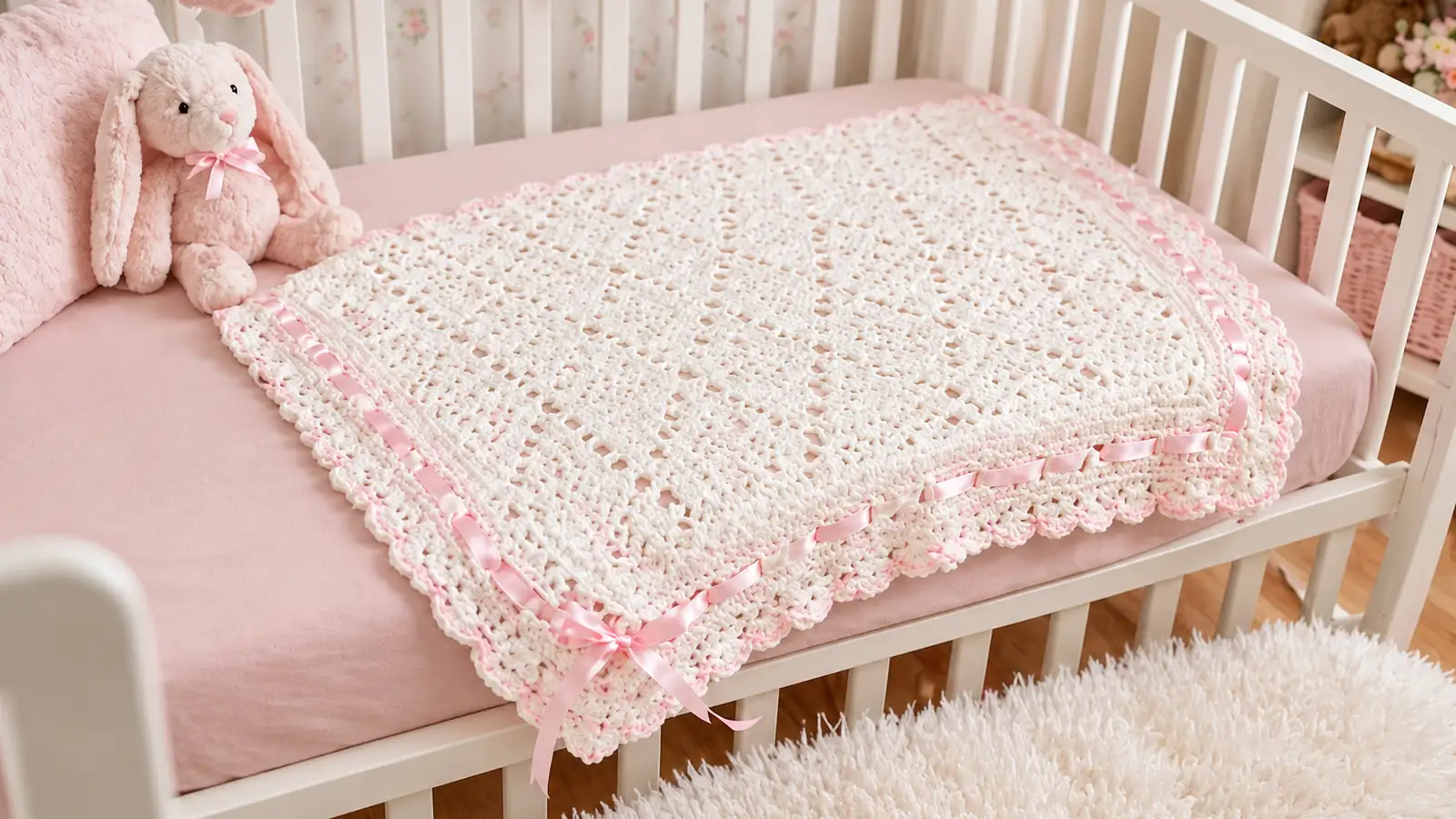 Manta para bebé tejida a crochet en color blanco, con delicado borde calado y cintas de satén rosa, sobre una cuna con sábana rosada.